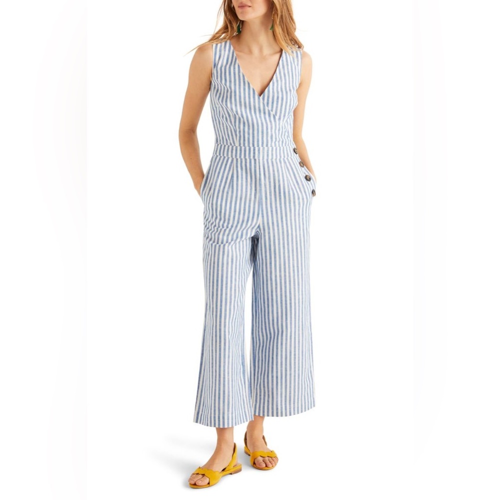 NWT Boden Dorothea Jumpsuit Linen Cropped Wrap 10 Petite Striped V-Neck Button